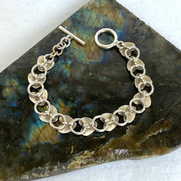 Solid Sterling Silver 925 Stacking Heart Link Toggle Clasp Bracelet Sz 6.5" 20g - Picture 7 of 16